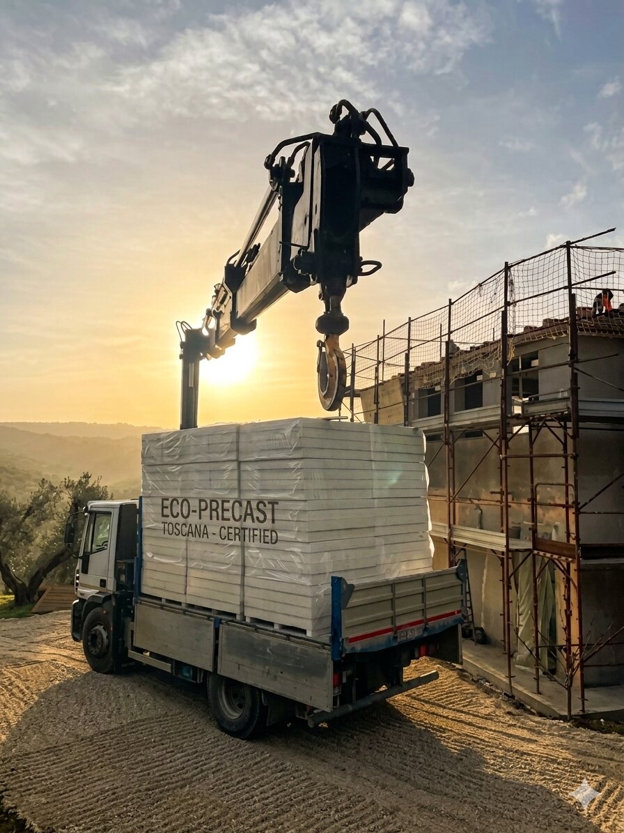Cantiere edile al tramonto con gru e ponteggi