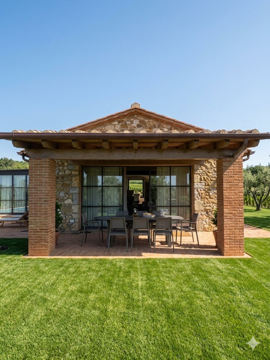 Gazebo in pietra e mattoni con tetto in tegole