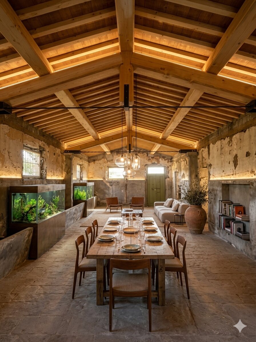 Interno rustico con travi in legno e pavimento in pietra