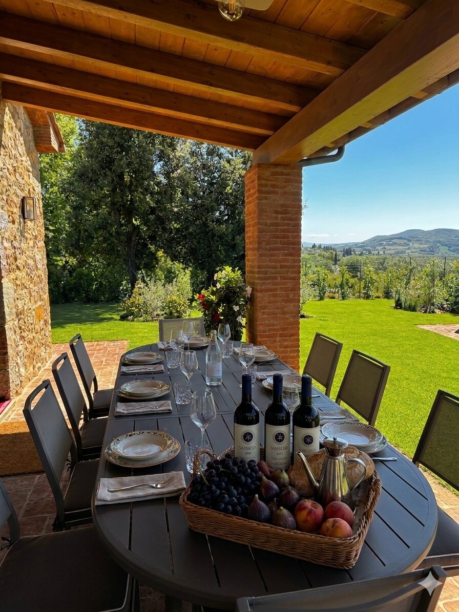 Portico e pergolato in legno con vista sui colli toscani